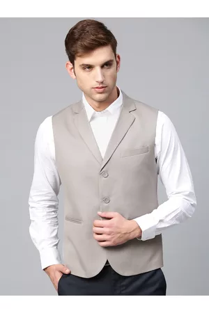 MANQ Men Grey Solid Slim Fit Formal Waistcoat
