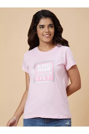 Globus Women Pink Typography Colourblocked V-Neck Pure Cotton Pockets T-shirt