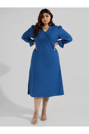 Instafab Women Plus Size V Neck A-Line Midi Dress