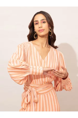 20Dresses Coral Striped V Neck Crop Top