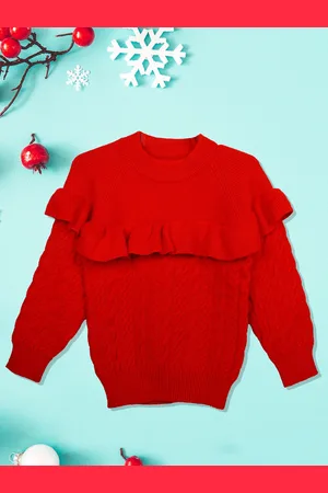 Baby Moo Girls Red Ruffled Jumper Solid Premium Full Sleeves Braided Knit Sweater