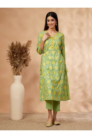 IMARA Floral Printed V Neck A-Line Pure Cotton Kurta