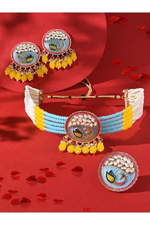Zaveri Pearls Gold-Plated Kundan-Studded & Beaded Peacock Meenakari Jewellery Set