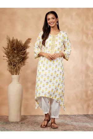IMARA Floral Printed Notched Neck Thread Work Asymmetric Kurta