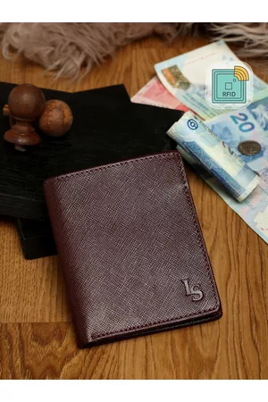 LOUIS STITCH Mens Maroon Bifold Saffiano Leather RFID Protected Wallet Purse