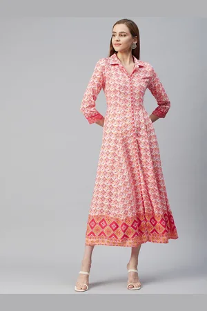 Rangriti Peach-Coloured Ethnic Motifs A-Line Midi Dress