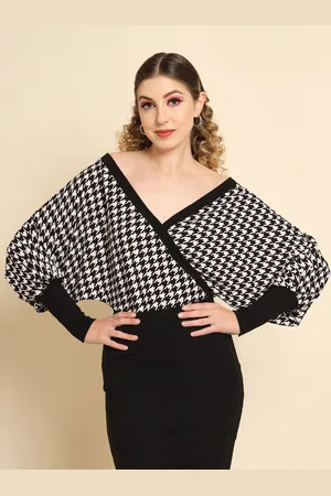 BAESD Monochrome Dogtoothed Printed & Batwing Sleeves Bodycon Dress
