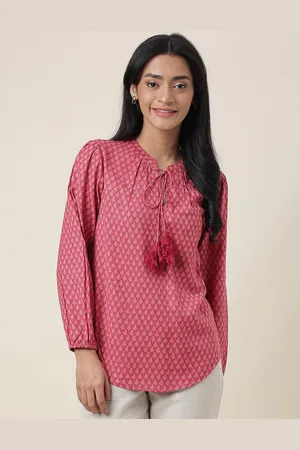 Fabindia Ethnic Printed Tie-Up Neck Gathered Cotton Top