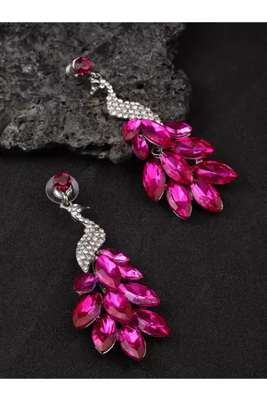 DressBerry Silver-Plated Peacock Shaped Stone Studded Drop Earrings