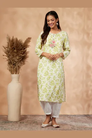 IMARA Floral Printed Keyhole Neck Thread Work Straight Kurta