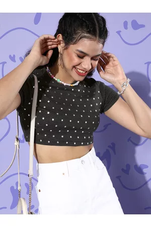 KASSUALLY Women Beautiful Charcoal Striped Cropped Tshirt