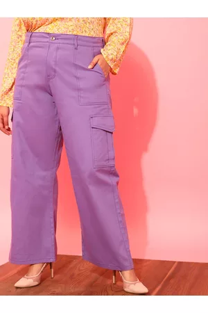 CURVY STREET Women Plus Size Lavender Relaxed Straight Leg Pure Cotton Trousers