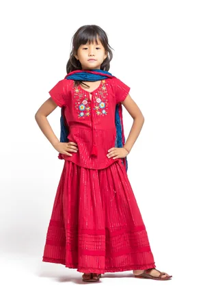 My Little Lambs Girls Thread Work Pure Cotton Ready to Wear Lehenga & Blouse With Dupatta