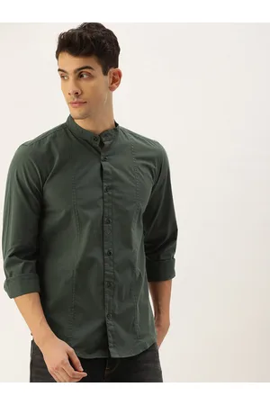 IVOC Men Olive Green Slim Fit Opaque Cotton Casual Shirt