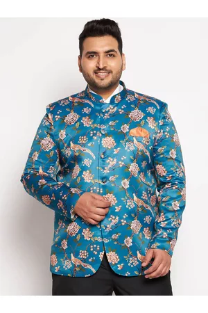 Vastramay Men Turquoise Blue Floral Printed Bandhgala Blazer