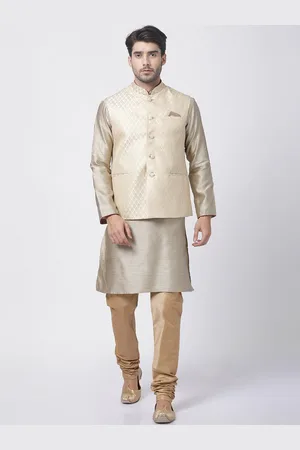 Vastramay Mandarin Collar Woven Design Kurta with Churidar & Woven Design Nehru Jacket