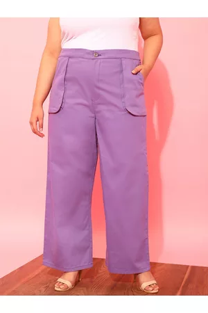 CURVY STREET Women Plus Size Lavender Relaxed Straight Leg Pure Cotton Trousers