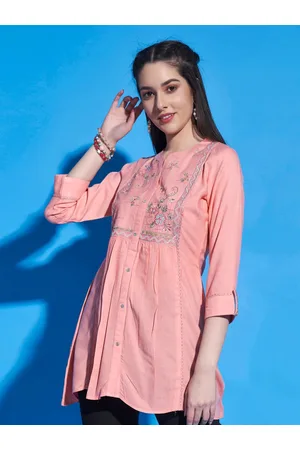 Sangria Pink Floral Embroidered Mandarin Collar A-Line Top