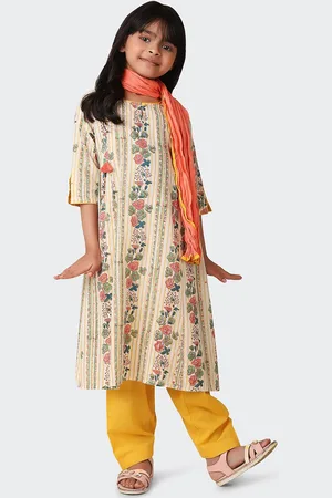Fabindia Girls Floral Printed Pure Cotton A-Line Kurta With Salwar & Dupatta