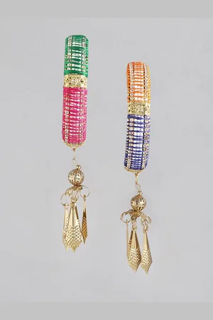 Anouk Set of 2 Multicoloured Gold-Plated Stone-Studded & Beaded Bangles with Latkan