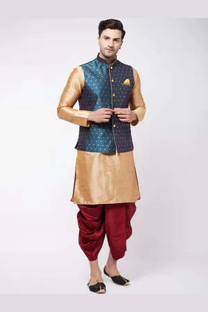 Vastramay Mandarin Collar Kurta with Dhoti Pants & Woven Design Nehru Jacket