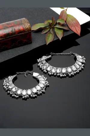 Sangria Set Of 2 Silver-Plated Kundan-Studded Anklets