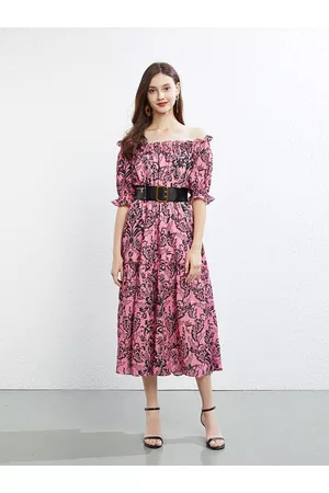 JC Collection Floral Printed Off-Shoulder Tiered Fit & Flare Midi Dress With Belt