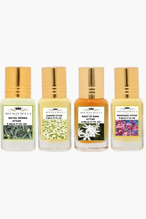 Menjewell Set of 4 Attar - Royal Kewda - Jasmine - Raat Ki Rani - Mahogany