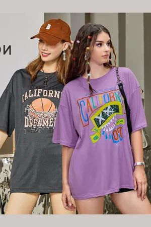 Christy World Women Pack of 2 Printed Oversized Cotton T-shirts