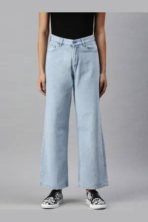 SHOWOFF Women Blue Cotton Wide Leg High-Rise Clean Look Jeans