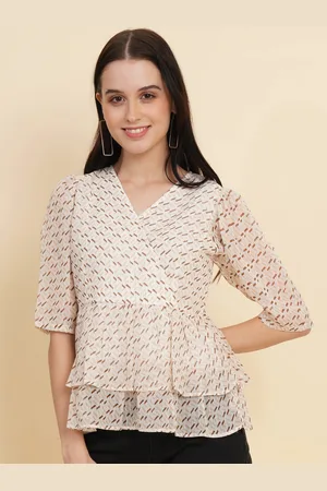 RAASSIO Geometric Printed V-Neck Puff Sleeves Peplum Georgette Top