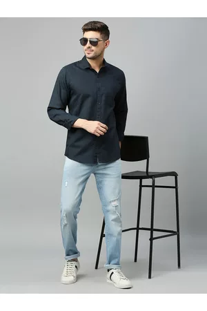 Mast & Harbour Navy Blue Classic Slim Fit Cotton Linen Casual Shirt