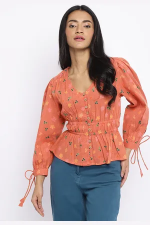 Fabindia Floral Printed Cinched Waist Cotton Top