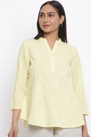 Fabindia Women Yellow Floral Embroidered Chikankari Kurta