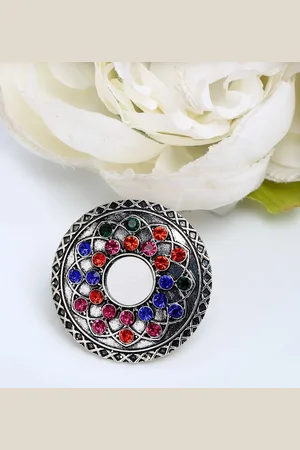Sangria Silver-Plated Red & Blue Stone-Studded Adjustable Finger Ring