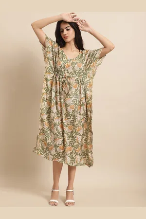 Kalini Floral Printed Tie-Up Silk Kaftan Midi Dress