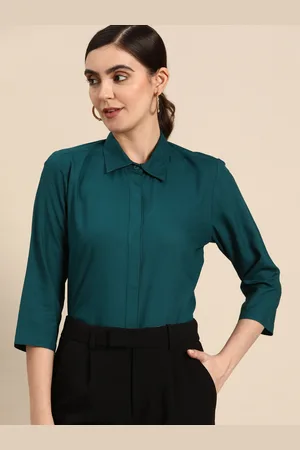 DENNISON Women Teal Smart Slim Fit Opaque Casual Shirt