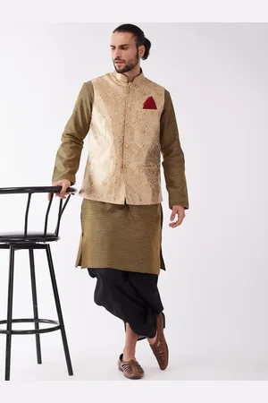 Vastramay Woven Design Mandarin Collar Regular Kurta With Dhoti Pant & Nehru Jacket