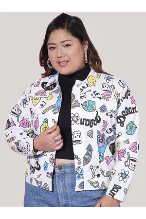 BuyNewTrend Plus Size Conversationa Printed Lightweight Twill Crop Denim Jacket
