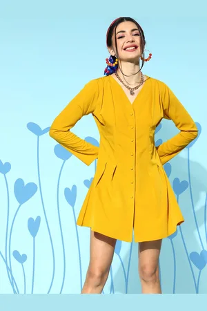 Berrylush Mustard Yellow Solid Crepe A-Line Dress