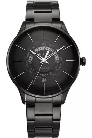 Titan Men Black Dial & Black Stainless Steel Bracelet Style Straps Analogue Watch