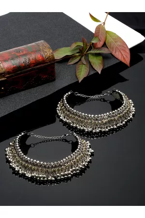 Sangria Set Of 2 Silver-Plated Stone Studded & Beaded Anklets