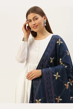 ArtEastri Navy Blue & Yellow Kantha Work Embroidered Pure Cotton Dupatta