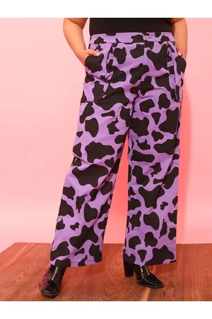CURVY STREET Women Plus Size Lavender Printed Relaxed Straight Leg Pure Cotton Trousers