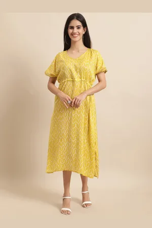 Kalini Conversational Printed Round Neck Kimono Sleeves Silk A-Line Midi Dress