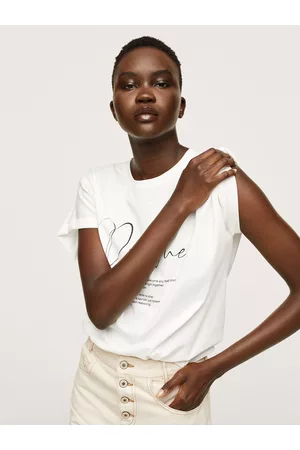 MANGO Women T-shirts - Women White & Black Cotton Typography Printed T-shirt