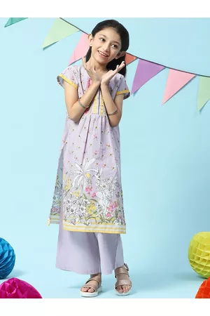 Biba Girls Floral Printed Sequined Straight Kurta with Palazzos