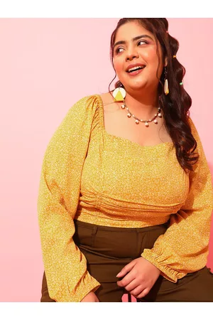 CURVY STREET Yellow Plus Size Floral Printed Square Neck Puff sleeeves Crepe Crop Top