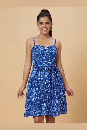 Globus Navy Blue Polka Dots Printed Fit & Flare Dress