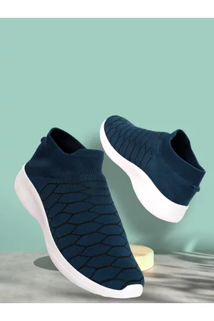HRX Men Slip-On Sneakers - Men Teal Blue And White Woven Design Lightweight Slip-On Sneakers